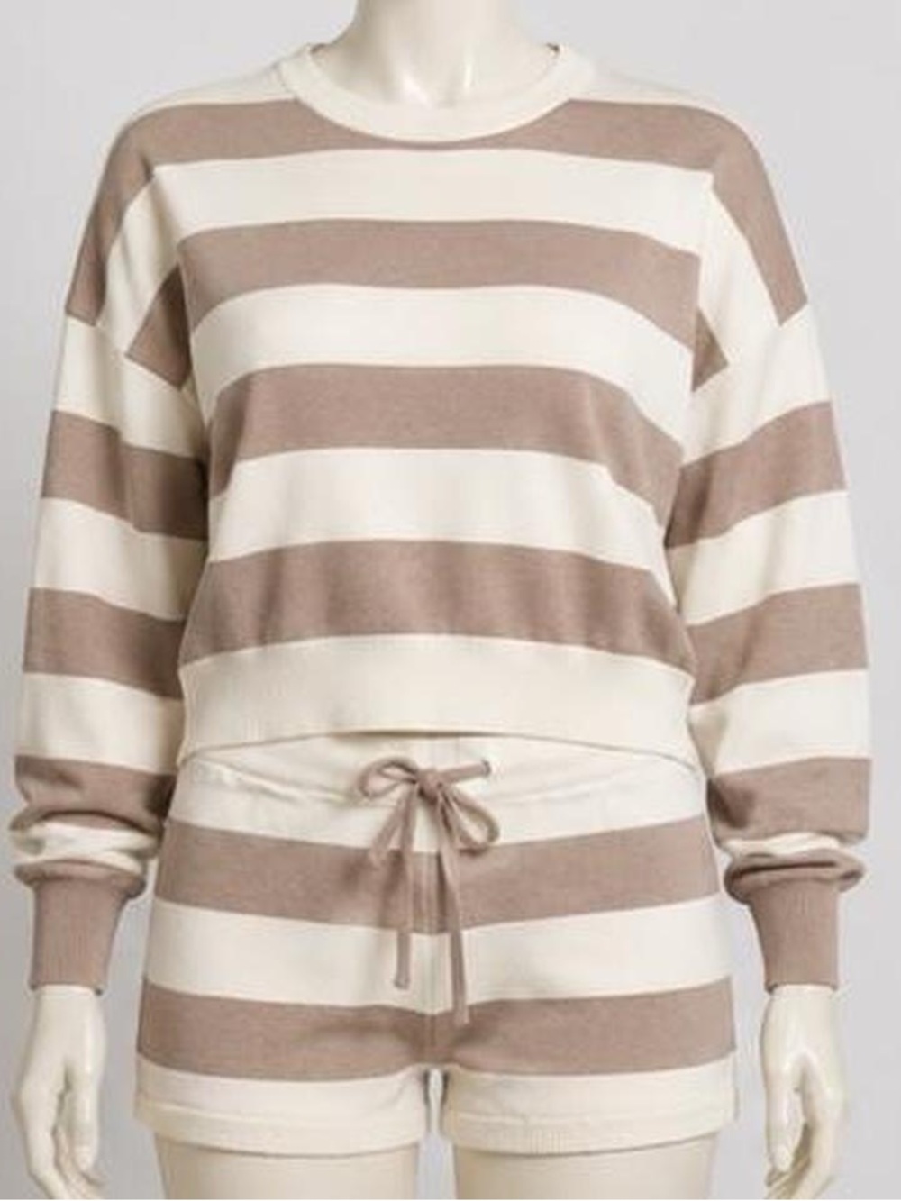 Women's Cream and Taupe Striped Crewneck Sweater Set M